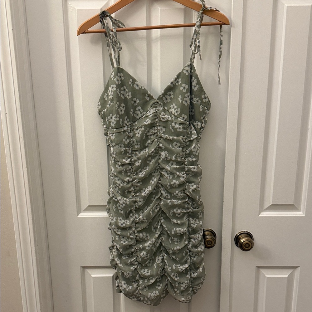 Sage Green Floral Ruched Tie-Strap Mini Dress